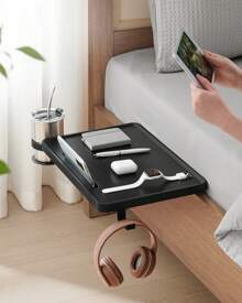 VASAGLE Table de Chevet, Plateau de Lit, Étagère de Lit, pour Lit Superposé, pour Lit Mezzanine, Emplacement pour Téléphone, Porte-Verre Rotatif, Crochet, Pinces Réglables, Noir d'Encre - Noir - Voir 2