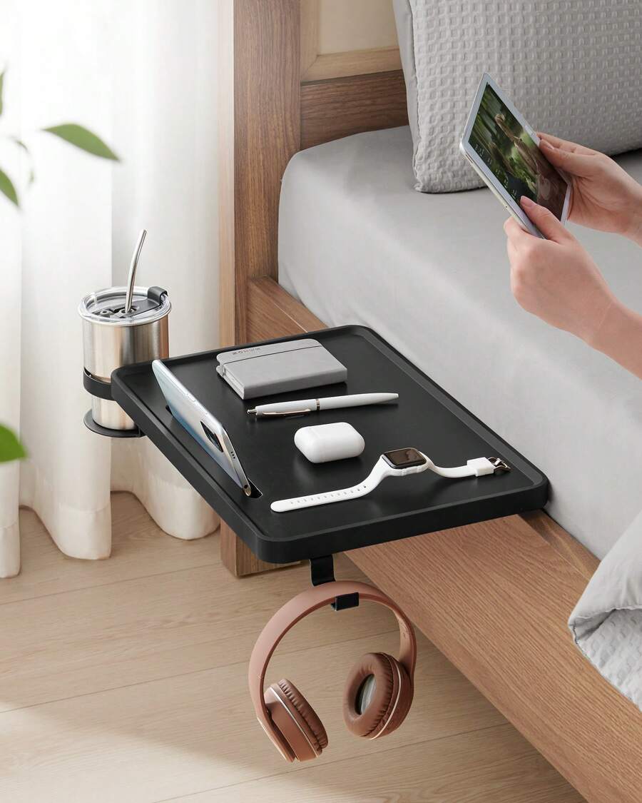 VASAGLE Table de Chevet, Plateau de Lit, Étagère de Lit, pour Lit Superposé, pour Lit Mezzanine, Emplacement pour Téléphone, Porte-Verre Rotatif, Crochet, Pinces Réglables, Noir d'Encre