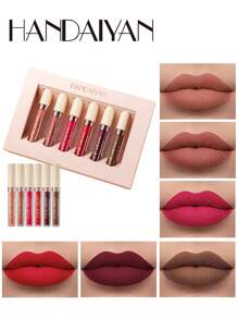 HANDAIYAN  6 Piezas Pintalabios Mate de Larga Duració Barras de Labios Impermeable Kit para Mujeres San Valentín Cumpleaños,Matte Liquid Lipstick 6PCS Nude Brown Velvety Lip Gloss Kit Long-Lasting Wear Non-Stick Cup and Not Fade Lipstick Set for All Undertone ,Pintalabios Mate - Beis - Ver 1