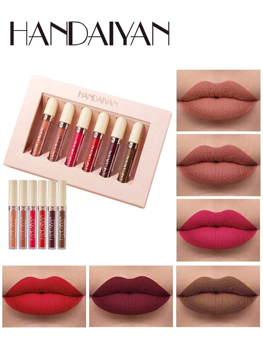 HANDAIYAN 6 Piezas Pintalabios Mate de Larga Duració Barras de Labios Impermeable Kit para Mujeres San Valentín Cumpleaños,Matte Liquid Lipstick 6PCS Nude Brown Velvety Lip Gloss Kit Long-Lasting Wear Non-Stick Cup and Not Fade Lipstick Set for All Undertone ,Pintalabios Mate - Beis - Ver 1