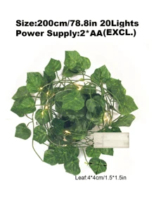 1入組2M 20LED人造植物藤蔓燈串，用於牆面臥室桌子裝飾，圍墻沙發植物燈串，婚禮派對燈串 - 黃色 - 查看 10