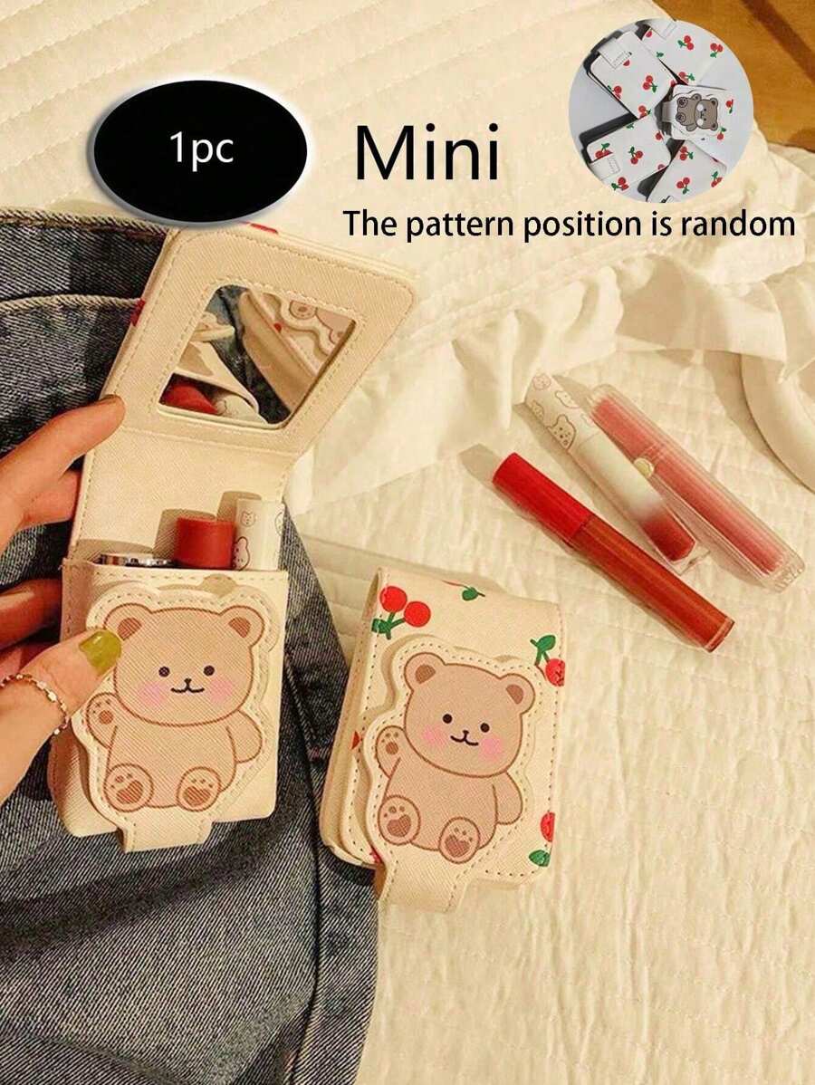 (櫻花圖案隨機剪裁)熊花卡通圖案,時尚y2k,適用於外置迷你化妝包旅行化妝包的化妝唇膏盒,附帶鏡子的皮革口紅盒化妝架便攜小化妝包,女性更多顏色,適用於商務旅行、度假攜帶,郵差口紅持有者口紅、唇蜜、唇油、唇膏pu皮革 - 彩色 - 查看 1