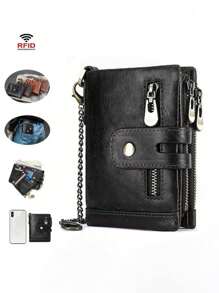 محفظة رجالية بمطوية مزدوجة من الجلد محفظة مع حامل بطاقات وسلسلة مضادة للسرقة، جيب سحاب معتدل للعملة، مع نافذة لبطاقة الهوية، هدايا للرجال. محفظة صغيرة، محفظة رجالية من الجلد محفظة RFID