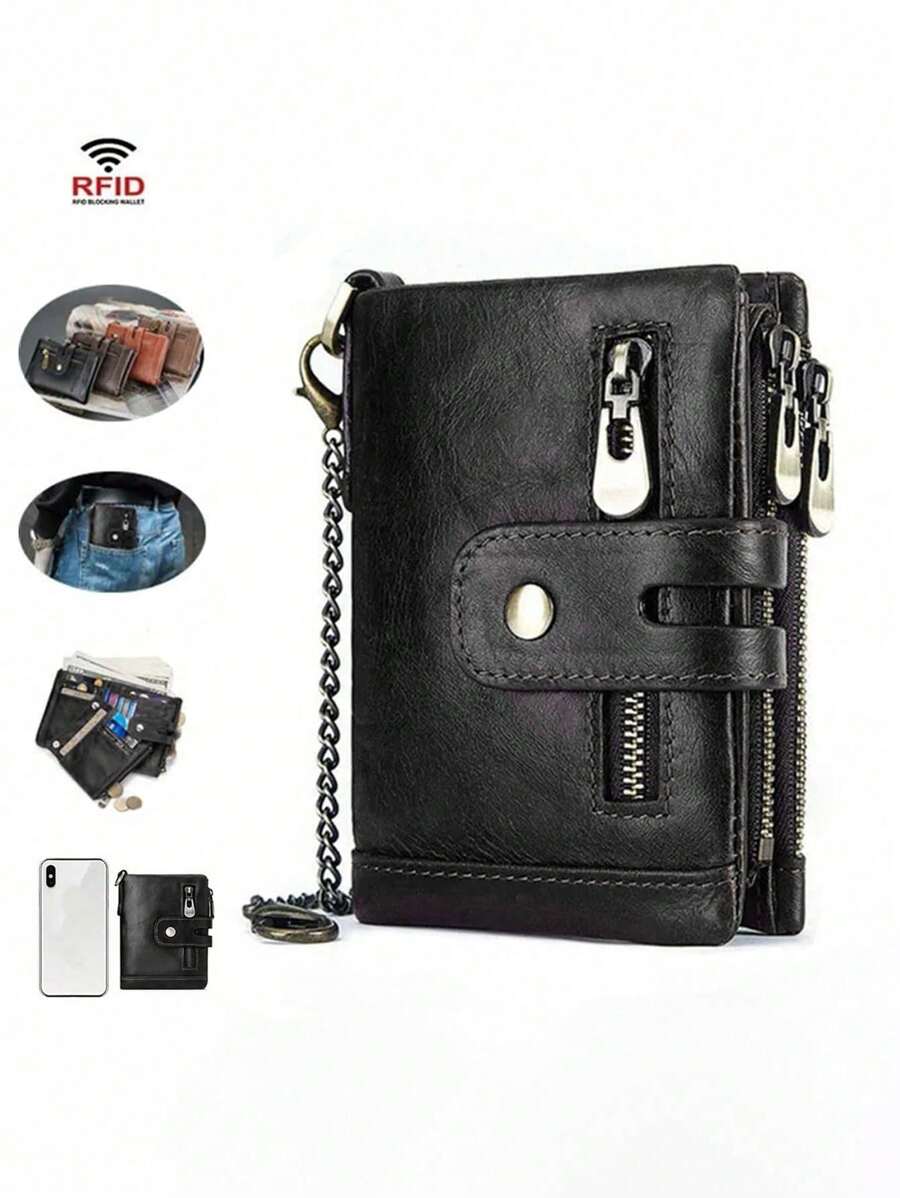 محفظة رجالية بمطوية مزدوجة من الجلد محفظة مع حامل بطاقات وسلسلة مضادة للسرقة، جيب سحاب معتدل للعملة، مع نافذة لبطاقة الهوية، هدايا للرجال. محفظة صغيرة، محفظة رجالية من الجلد محفظة RFID