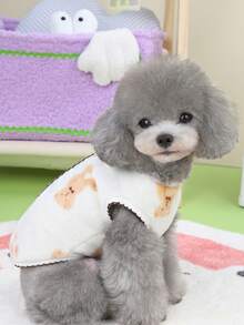 1入裝寵物絨毛背心,使用聚酯纖維面料製成,厚實保暖,可愛的熊花紋,法蘭絨內裡 - 白色 - 查看 10