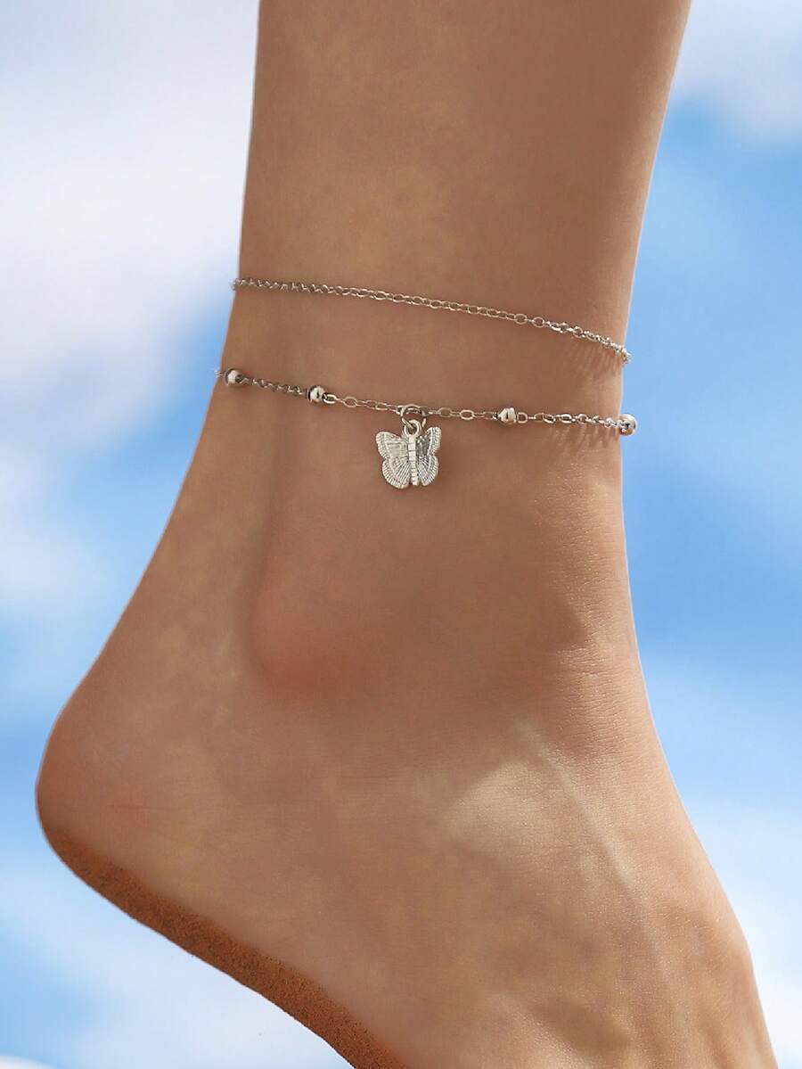 1個蝴蝶雙層吊墜項鍊,適用於日常穿著和假日裝扮 - 復古銀色 - 查看 1