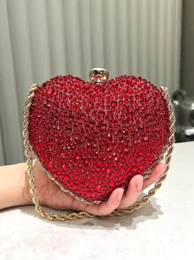 HCBCBY Clutch Bag For Banquet And Formal Occasion, Red Heart Shaped Rhinestone Decor Evening Bag Fashion Handbag With Metal Chain Strap For Women To Be Used As Shoulder/Crossbody Bag For Party, Dance, Wedding., Perfect Valentines Day Gift For Her, Best Valentine's Gift Choice Ever Valentines, Fashionable Heart Purse, Perfectly Match With Valentine's Day Dress