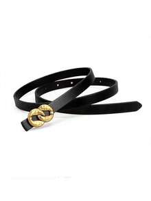 1根女士復古高端優雅休閒時尚細腰帶,配有幾何合金扣,適合搭配各種衣服 - 黑色 - 查看 5