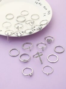 22 件冰晶戒指套装，带、蝴蝶、心形设计，适合女士 Y2k 朋克多元素风格日常佩戴配饰情人节 - 銀色 - 查看 3