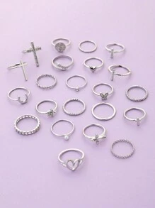 22 件冰晶戒指套装，带、蝴蝶、心形设计，适合女士 Y2k 朋克多元素风格日常佩戴配饰情人节 - 銀色 - 查看 2