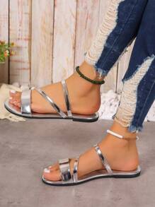 女款輕量家居戶外平底鞋,銀色鏡面平底涼鞋夏季必備 - 銀色 - 查看 5