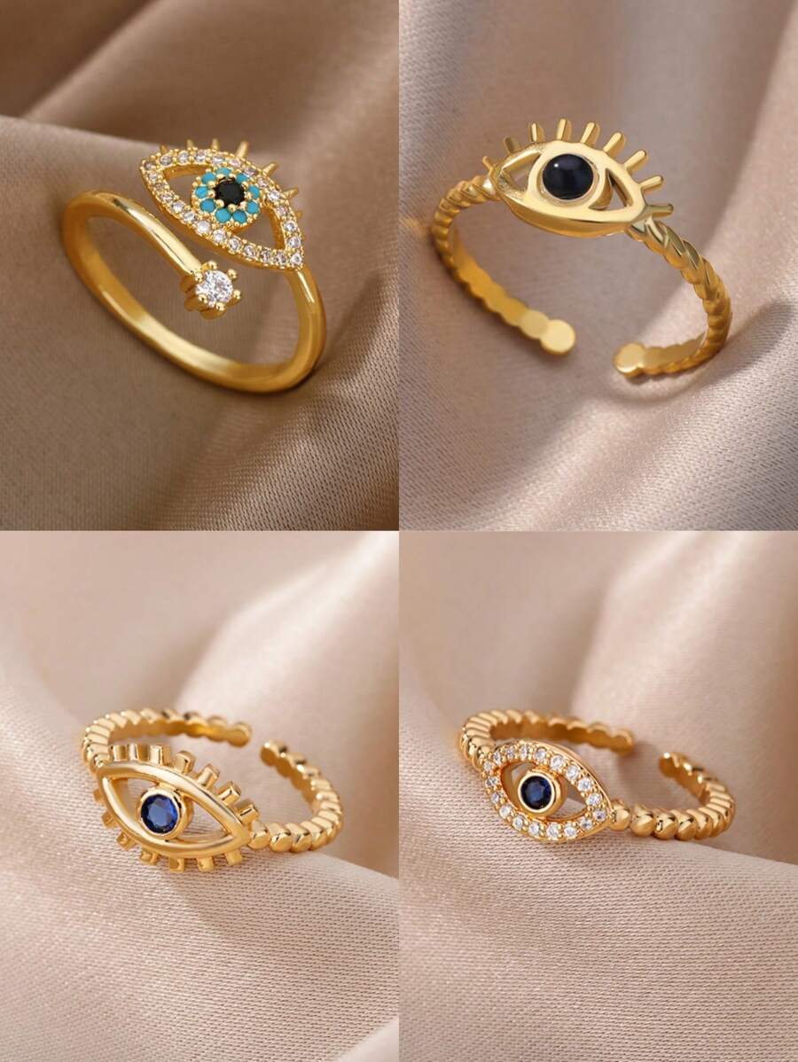 1 pieza Anillo abierto con ojo turco de la suerte, estilo europeo y americano, anillo ajustable de acero inoxidable dorado para mujer, joya de pareja de moda como regalo