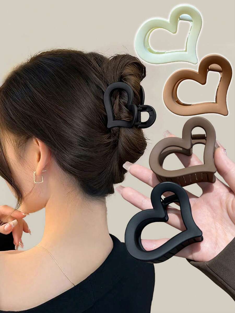 4 chiếc Kẹp/Kẹp tóc bằng nhựa nhẹ hình trái tim màu đen, trắng và nâu, Phụ kiện tóc thời trang và thanh lịch Thích hợp để mặc hàng ngày, rửa mặt, tắm, tạo kiểu tóc, trang điểm và kết hợp quần áo