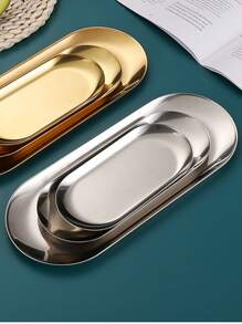 1pc Silver Stainless Steel Oval Tray For Cup, Dessert, Jewelry Storage,Kitchen,Christmas Gift Back To School - Silver - View 3