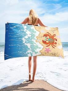 1 件螃蟹圖案超細纖維沙灘巾,旅行毛巾,快乾吸水,適合海灘、露營、游泳、旅行、健身房 - 彩色 - 查看 1