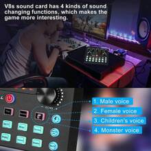 V8S Soundkarte mit Stimmveränderungseffekten, perfekt für PC-Aufnahmen, Gesang, Streaming und Gaming (500mAh Batterie)