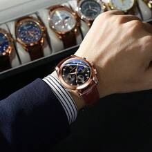 Poedagar全新防水發光石英男士手錶,休閒pu皮革男士手錶,理想的禮物選擇 - 棕色 - 查看 5