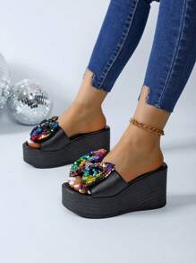 Sandalias de plataforma con talón grueso y lazo para mujer de talla grande, nuevos llegados en 2024 para el Día de San Valentín - Negro - Ver 4
