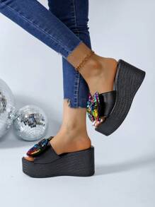 Sandalias de plataforma con talón grueso y lazo para mujer de talla grande, nuevos llegados en 2024 para el Día de San Valentín - Negro - Ver 6