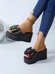 Sandalias de plataforma con talón grueso y lazo para mujer de talla grande, nuevos llegados en 2024 para el Día de San Valentín - Negro - Ver 3