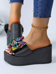 Sandalias de plataforma con talón grueso y lazo para mujer de talla grande, nuevos llegados en 2024 para el Día de San Valentín - Negro - Ver 5