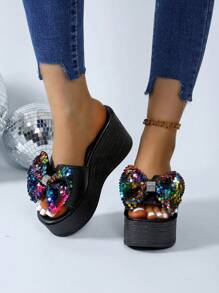 Sandalias de plataforma con talón grueso y lazo para mujer de talla grande, nuevos llegados en 2024 para el Día de San Valentín - Negro - Ver 2