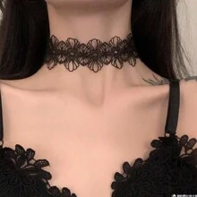 迷人的蕾絲頸帶,黑色中空花卉設計鎖骨鏈 - 白色 - 查看 7