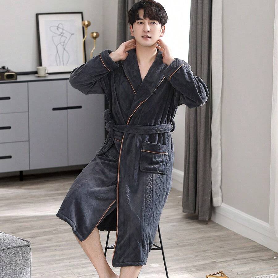 Men's Plus Size Flannel Bathrobe, Warmth Thickened Robe With Long Section - Royal Blue - View 1