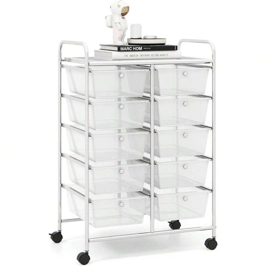 GOPLUS 10 Drawer Stackable Rolling Cart With Shelf & Metal Frame Bathroom Shelf Storage Cart For Office Home - 灰色 - 查看 1