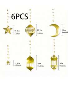 24/18/12/6 pezzi Decorazioni appese a forma di lanterna con stelle e mezzalune dorate per Eid Mubarak, ghirlanda appesa a tema Ramadan, sfondo per festival, matrimoni, forniture per feste - Dorato - Visualizzare 5