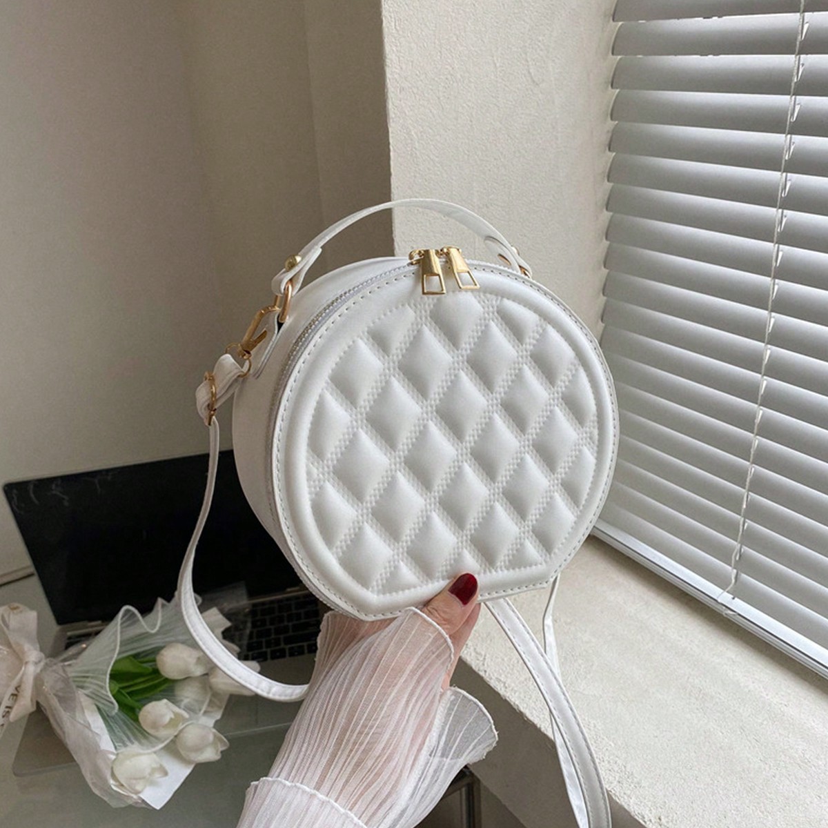 Mini Bolso Cruzado Elegante Con Estampado De Cuadros, Bolso De Hombro Redondo De Moda, Bolso Casual Y Cartera Para Mujer