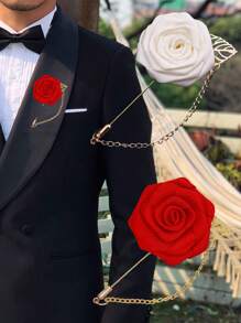1pc Groom's Satin Lapel Pin With Chain, Golden Leaf & Rose Design For Men's Suit, Suit Decoration For Groomsman, Best Man, Dancing Party, Banquet Valentine's Day Valentines