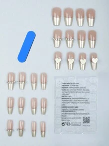 24 件长款棺材金色法式和 3D 心形链条设计全覆盖假指甲套装，包含 1 件果冻胶和 1 件指甲锉，适合女士和女孩日常佩戴，让您魅力四射 - 彩色 - 查看 3