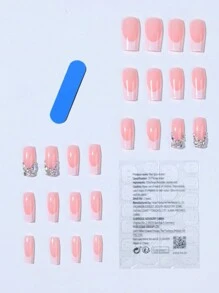 24pcs/Set Long Coffin Shaped Rhinestone 3d Decorated False Nails With 1 Nail File And 1 Jelly Glue Press On Nails Nail Supplies