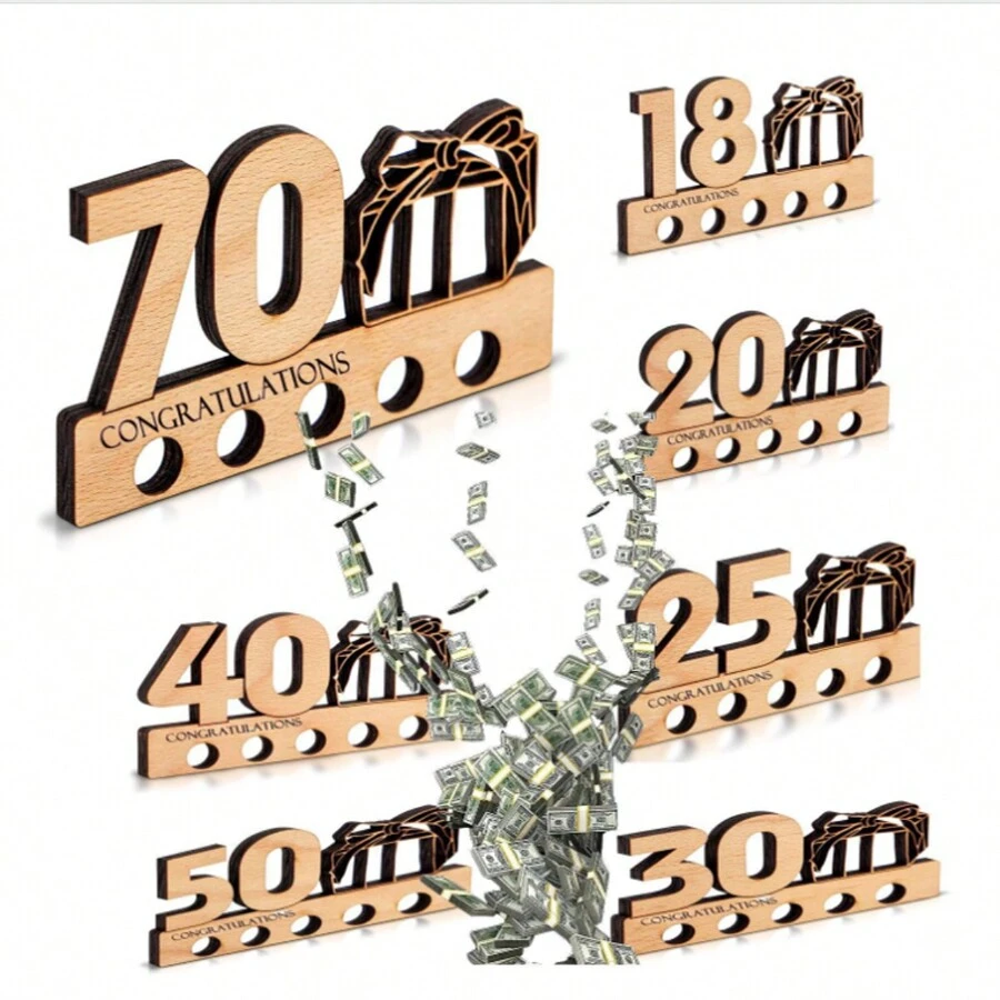 1片木製生日禮物紙鈔夾,可刻18、20、25、30、40、50、60歲 - 原木色 - 查看 1