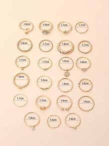 23 件金色心形、太阳、八角星形时尚戒指套装，带人造珍珠和水钻细节，适合女性日常佩戴情人节 - 金色 - 查看 5