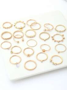 22pcs Geometric Rings Set, Sophisticated Faux Pearl And Rhinestone Inlaid Rings, Suitable For Women's Daily Wear - Gold - View 3