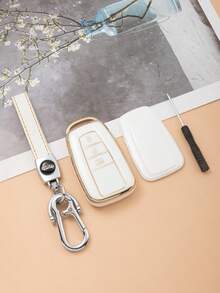 3pcs/Set Tpu Soft Shell Key Case, Leather Cord Keychain, And Screwdriver For Toyota Camry, Highlander, Corolla, Rav4, Venza Etc., With 3-Button Smart Key - White - View 3