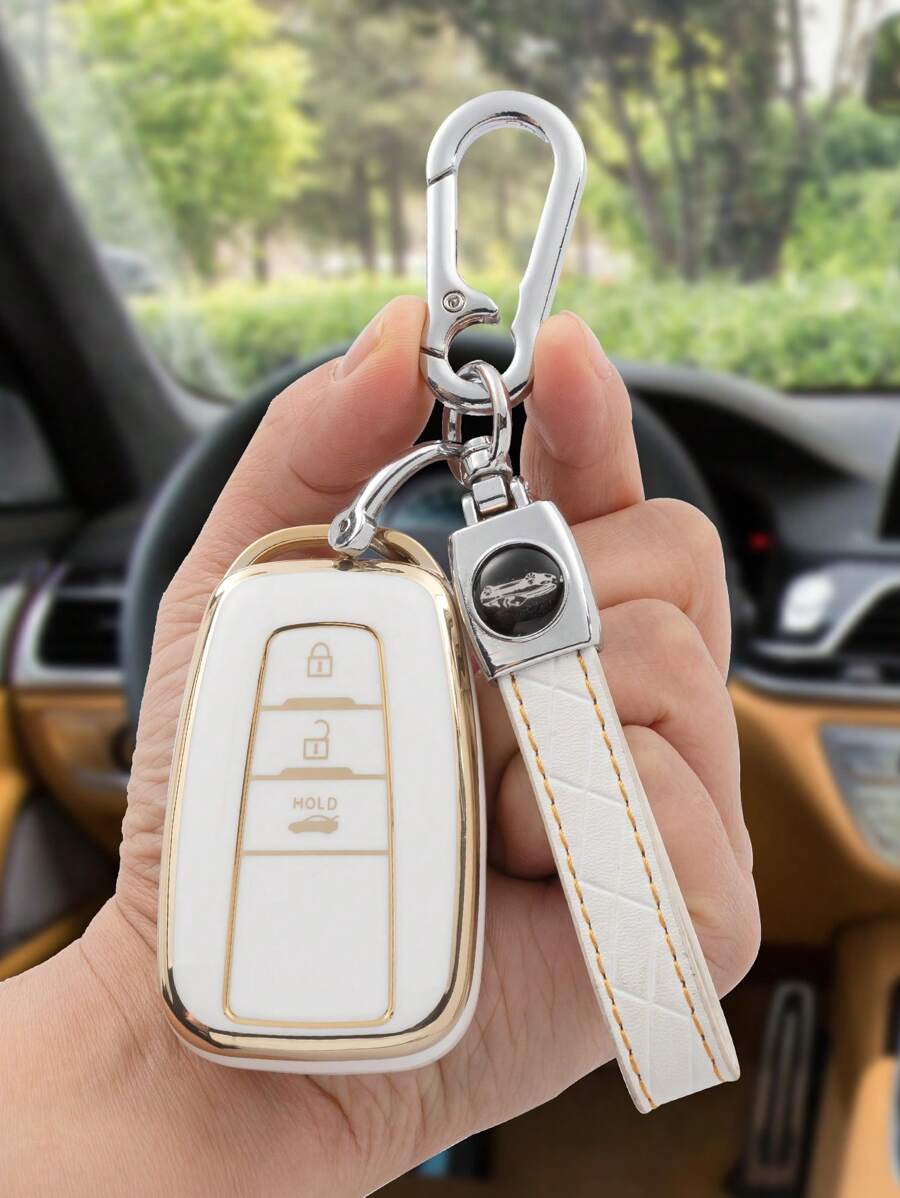 3pcs/Set Tpu Soft Shell Key Case, Leather Cord Keychain, And Screwdriver For Toyota Camry, Highlander, Corolla, Rav4, Venza Etc., With 3-Button Smart Key - White - View 1