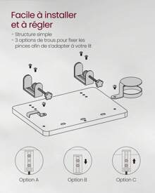 VASAGLE Table de Chevet, Plateau de Lit, Étagère de Lit, pour Lit Superposé, pour Lit Mezzanine, Emplacement pour Téléphone, Porte-Verre Rotatif, Crochet, Pinces Réglables, Noir d'Encre - Noir - Voir 9