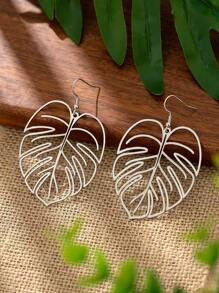1對歐美風格銀色調時尚鏤空樹葉設計耳環適合女士,海灘度假風格女士們禮品