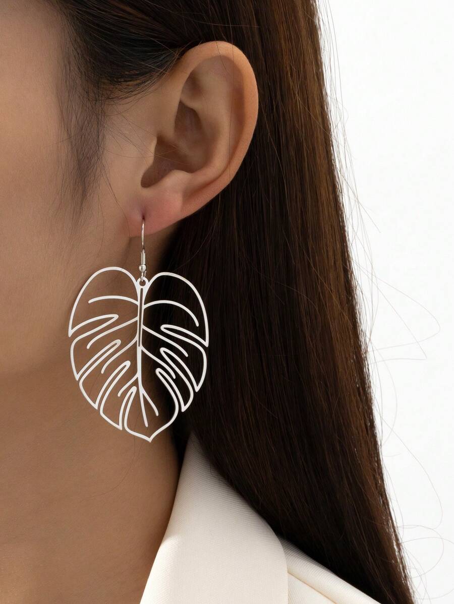 1對歐美風格銀色調時尚鏤空樹葉設計耳環適合女士,海灘度假風格女士們禮品