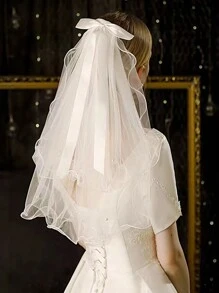 1pc Girl's Ethereal Short Veil Flower Crown Headpiece With Bow & Tulle, Suitable For Birthday, Wedding - White - View 2