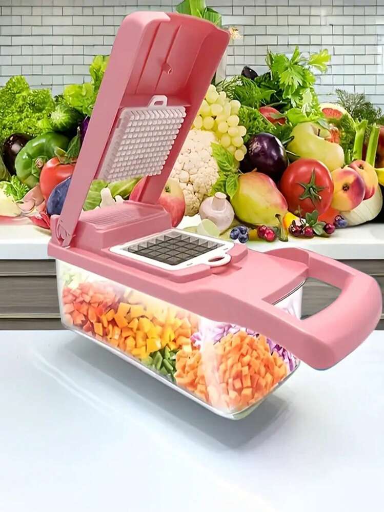 15 piezas Picador de verduras con recipiente | Rallador de queso, rebanador, rallador de col | Cortador de patatas fritas de acero inoxidable para verduras, cebollas, patatas, frutas, utensilios de cocina manuales, accesorios de cocina para fiestas, al aire libre - Rosa - Añade 2
