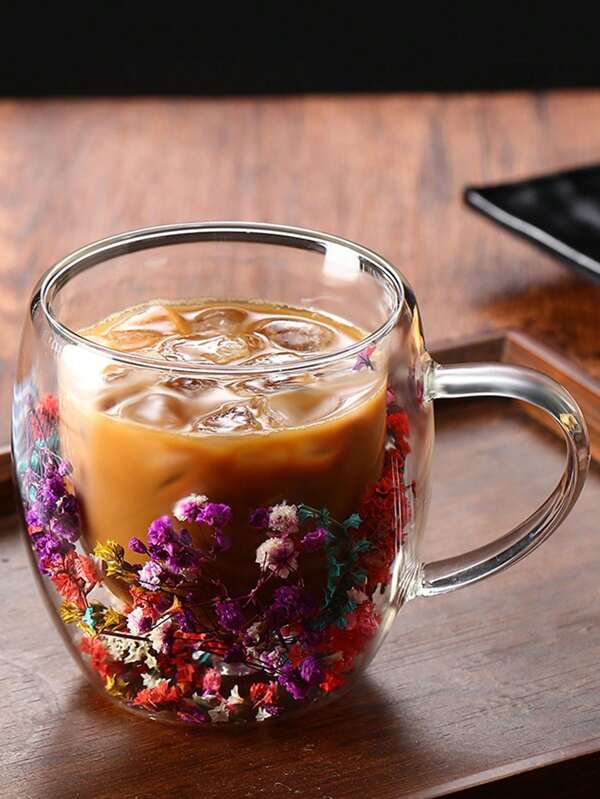 1 pieza Taza de cristal con flor real de doble capa, taza de café con mango creativo y muy atractivo, ideal como regalo