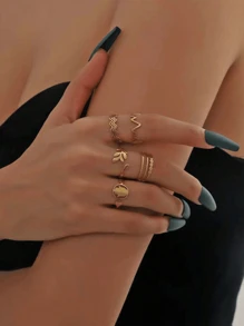 5入組不鏽鋼黃金鍍18k金時尚圖案女戒指套裝,可調整開口大小,適合日常裝飾或送禮 - 金黃色 - 查看 1