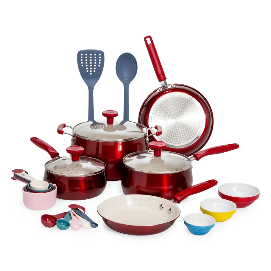 23 Piece Non-Stick Aluminum Cookware Set, Red Gift For Mom Or Family ...