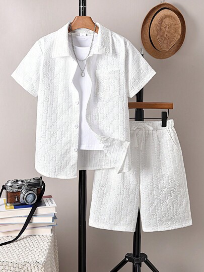 Vihyde Boys 3D Embossed Fabric Short Sleeve Shirt & Shorts 2 Pieces Set For School, Daily Wear, Beach, Travel, Vacation Season (T-Shirt Not Included)