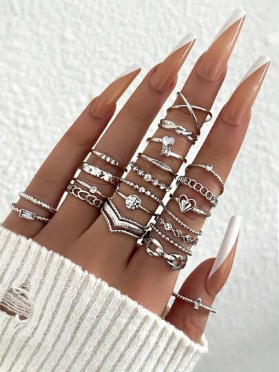 22pcs Bohemian Heart & Geometric Design Rhinestone Inlaid Ring Set, Suitable For Women's Daily Wear