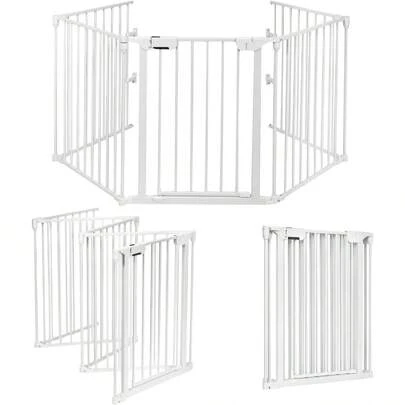 Hopfällbar grind för barn/hundar/katter, eldstadsgrind med dörr, spisgrind i metall, lekhage/säkerhetsgrind, 5 element, valfri färg (vit)